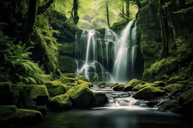 Een waterval in het bos met groen mos