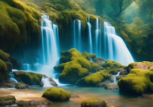 Een waterval in het bos met groen mos