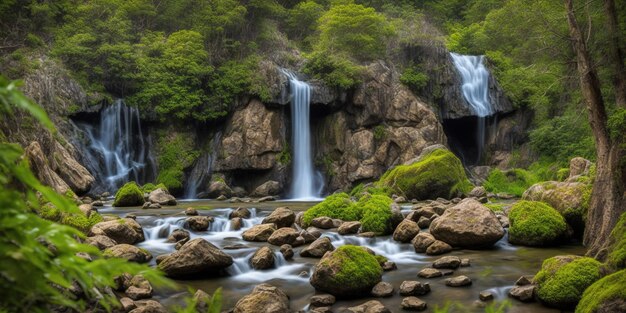 Een waterval in het bos met mos op de rotsen