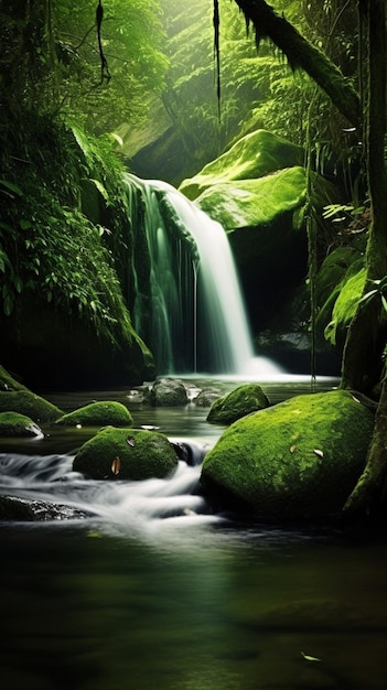 Een waterval in het bos met mos op de rotsen