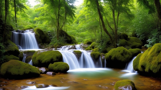Een waterval in het bos met mosvormige rotsen en bomen.