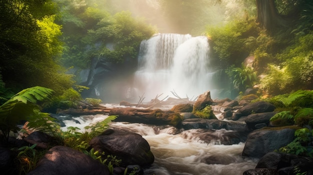 Een waterval in het bos waar de zon op schijnt.