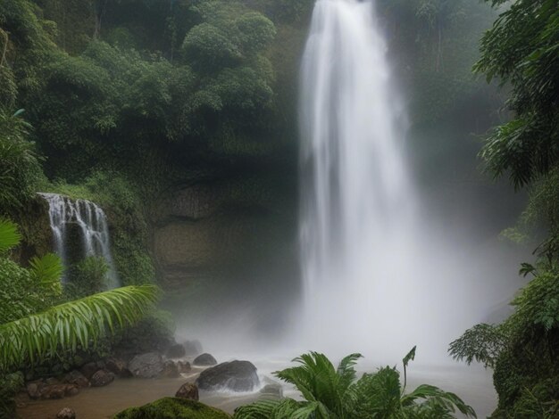 Een waterval in het oerwoud is omringd door bomen en planten.