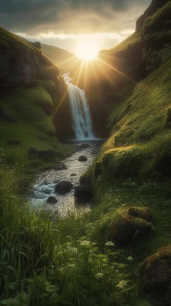 Een waterval in ijsland waar de zon op schijnt.