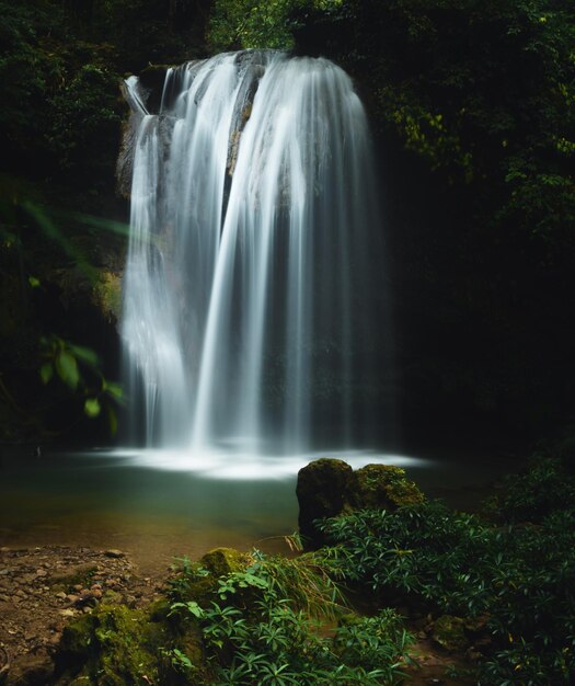 Een waterval is in het donker en het water is omgeven door planten.