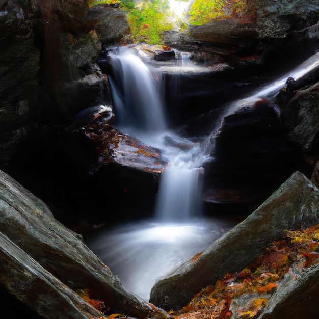 Een waterval is omgeven door rotsen en bladeren die oranje en geel zijn.