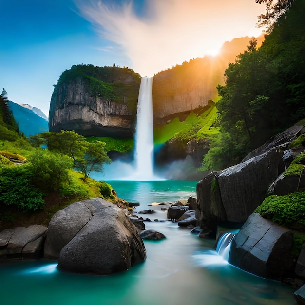 Een waterval is omgeven door rotsen en de zon schijnt.