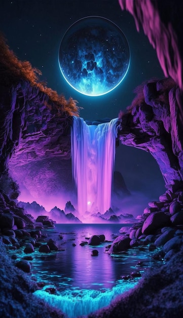 Een waterval met een blauwe maan erop
