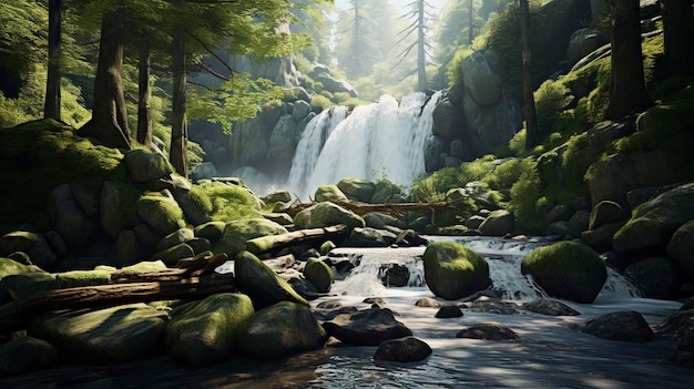 een waterval met een waterval op de achtergrond en een boomstam op de voorgrond