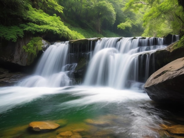 Een waterval met groene bloemblaadjes die van de rotsen afstroomt