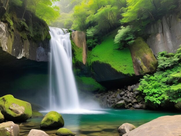 Een waterval met groene bloemblaadjes die van de rotsen afstroomt