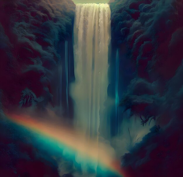 Een waterval met in het midden een regenboog