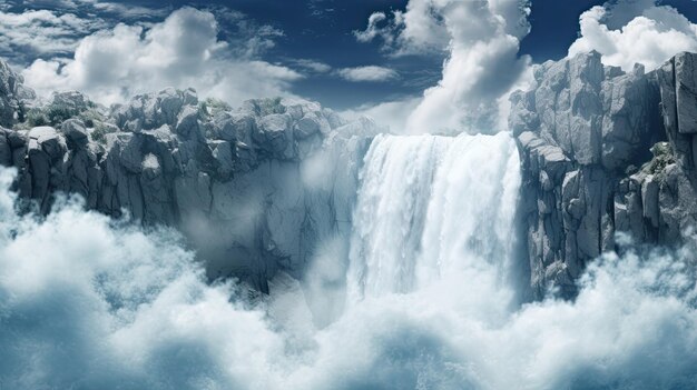 een waterval met wolken en blauwe lucht