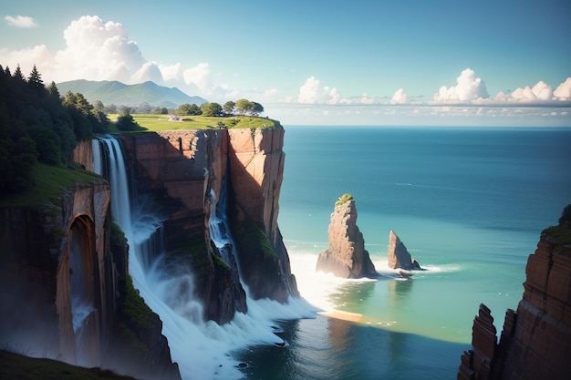 Een waterval wordt gezien in de oceaan met de lucht op de achtergrond.