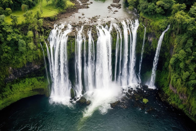 Een waterval wordt van bovenaf gezien