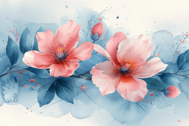Een waterverf achtergrond modern met een winter bloem verf penseel lijn kunstontwerp voor afdrukken muurkunst covers en uitnodigingen aardtoon blauw roze ivoren beige waterverf illustraties voor afskriften