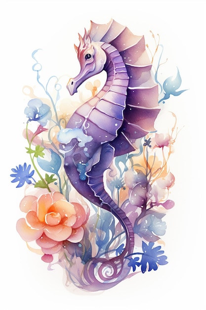 een waterverf illustratie van een paarse draak met bloemen en vlinders.