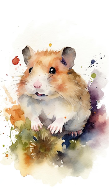 Een waterverf schilderij van een hamster met een bloem erop.