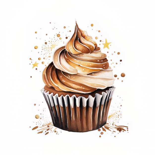 Een waterverf tekening van een cupcake met chocolade glazuur en gouden stippen.