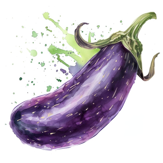 Een waterverfillustratie van een aubergine met vleugjes paars en groen