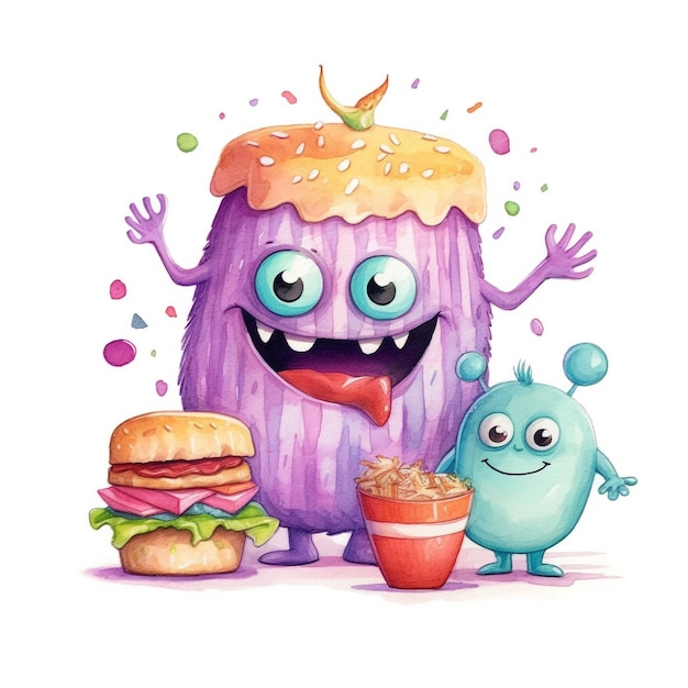Een waterverfillustratie van een paars monster met een hamburger en een hamburger.