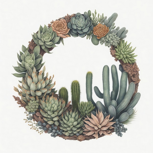 Een waterverfkrans met vetplanten en cactussen met een door de woestijn geïnspireerd thema