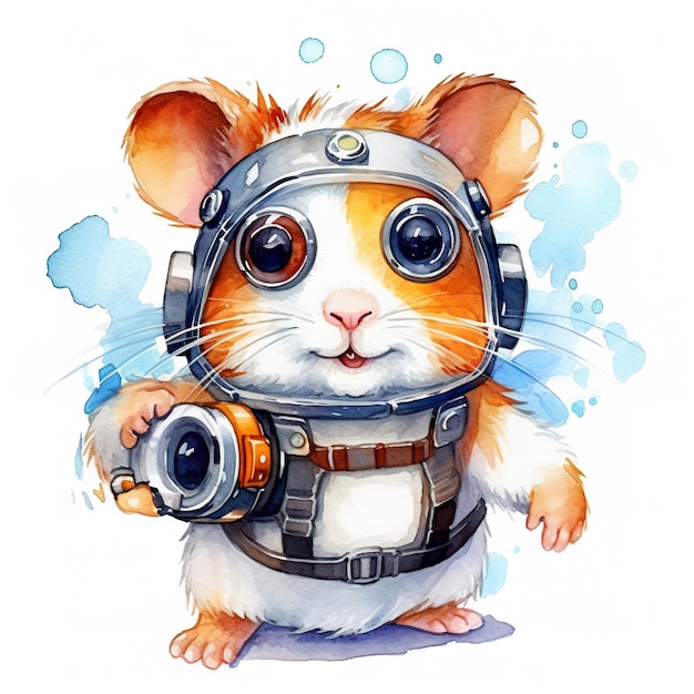 Een waterverfschilderij van een hamster die een generatieve ai-afbeelding van een duikhelm draagt