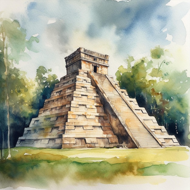 Een waterverftekening van de piramide van chichen itza