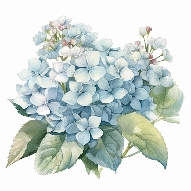 Een waterverftekening van een blauwe hortensia met groene bladeren.