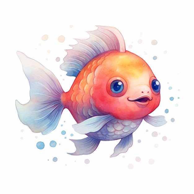 Een waterverftekening van een goudvis met blauwe ogen.