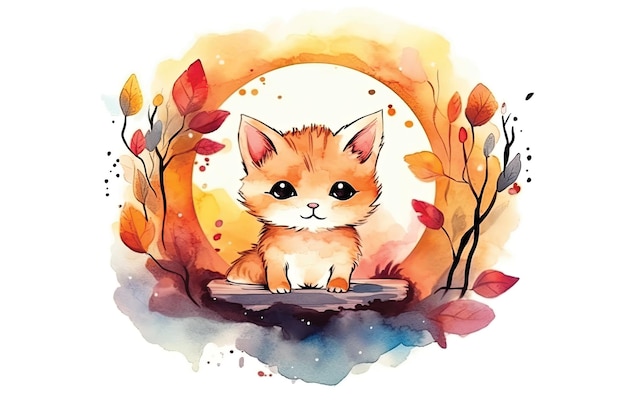 Een waterverftekening van een kitten op een achtergrond van herfstbladeren.