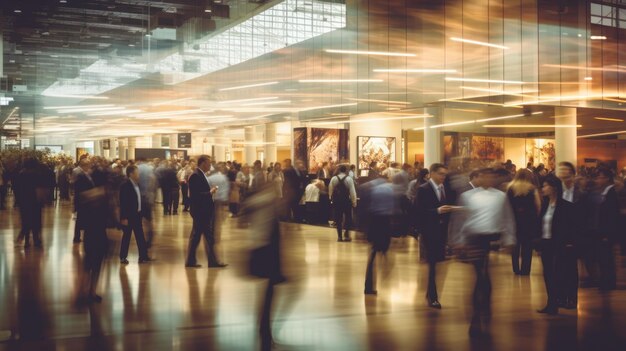 Een wazig beeld van een druk congrescentrum met mensen