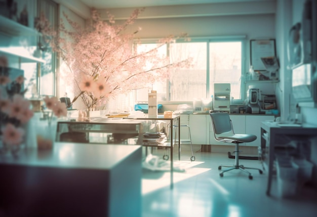 Een wazig beeld van een kleine kantoorruimte