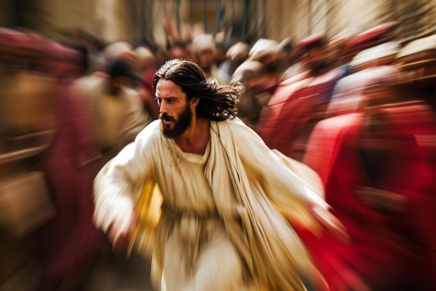 Foto een wazig beeld van een man gekleed als jezus