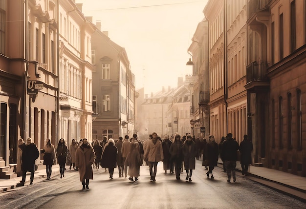 Een wazig beeld van mensen die op straat lopen in een stad