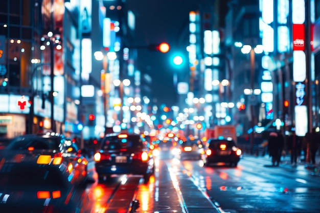 Een wazige stadsstraat met auto's en een neonbord