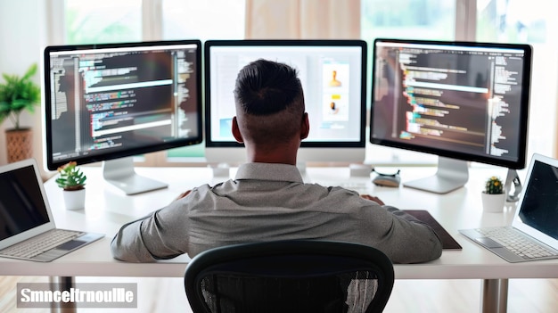 Een webontwikkelaar die een responsieve website lay-out codeert op meerdere computerschermen in een tech startup kantoor