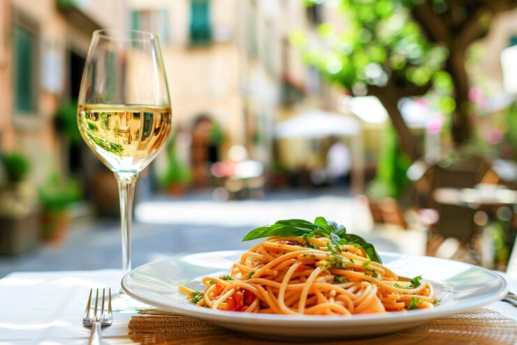 Foto een weelderig bord spaghetti met tomatensaus en basilicum in een zonnig italiaans straatcafé