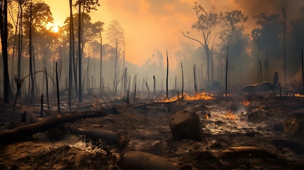 Een weelderig bos verwoest door ontbossing met verbrande boomstompels en rook die uit de as stijgt