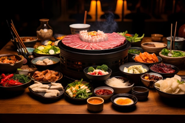 Foto een weelderig feest dat de traditionele aziatische keuken van hot pot tot sushi verspreidt