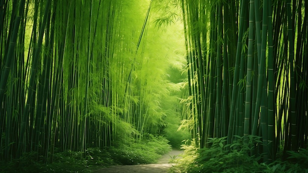 Een weelderig groen bamboewoud ergens in een Aziatisch land.