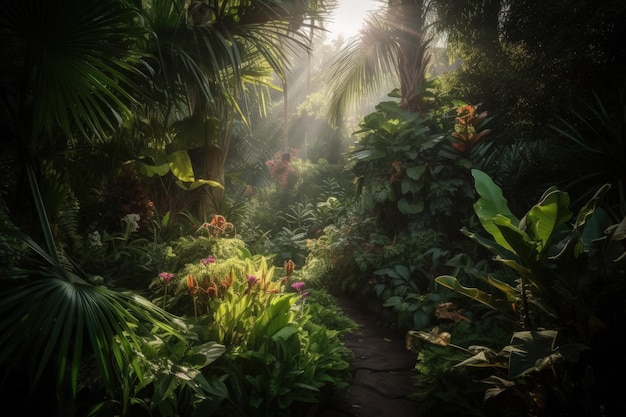 Een weelderig groen bos gevuld met veel bomen en planten generatieve AI