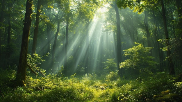 Een weelderig groen bos met zonlicht dat door hoge oude bomen filtert