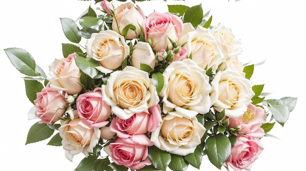 Een weelderig romantisch boeket rozen tegen een ongerepte witte achtergrond
