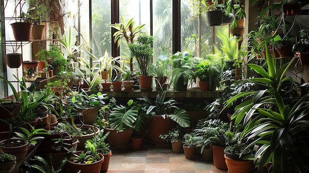 Foto een weelderige binnentuin met een verscheidenheid aan potplanten de planten zijn gerangschikt op planken en de vloer creëert een jungle-achtige sfeer