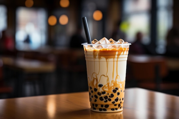 Een weelderige Bubble Tea in een plastic pot met Melk Tapioca Parels Bruine Suiker