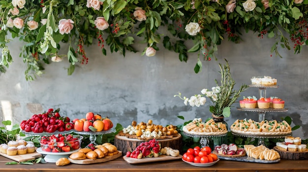 Een weelderige desserttafel versierd met een verscheidenheid aan zoete lekkernijen en hors d'oeuvres tegen een bloemrijke achtergrond voor een elegant evenement