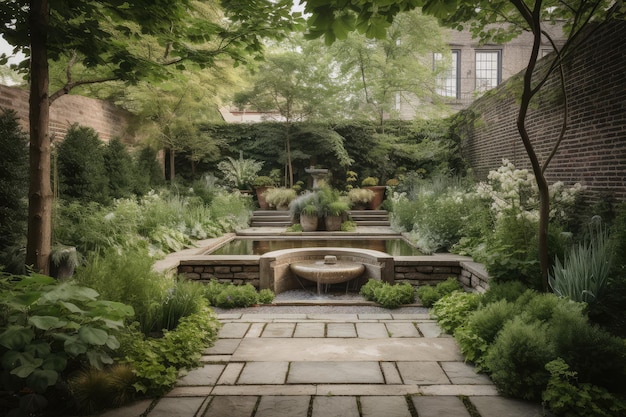 Een weelderige tuin met een stenen terras en waterpartij