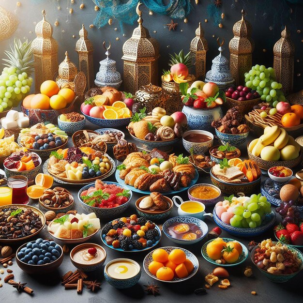 Foto een weelderige verspreiding van traditionele ramadan gerechten fruit en desserts voor de iftar