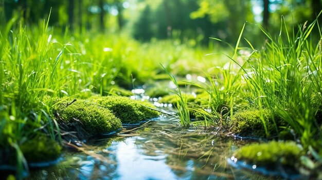 Een weelderige weide van levendige groene natuur met stromend water